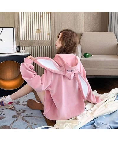 Kawaii Bunny Ears Hoodie Girl Teen Women Oversized Pullover Cute Sherpa Cozy Hoodied Pink Sweatshirt Fuzzy Jumper Pocket Apin...