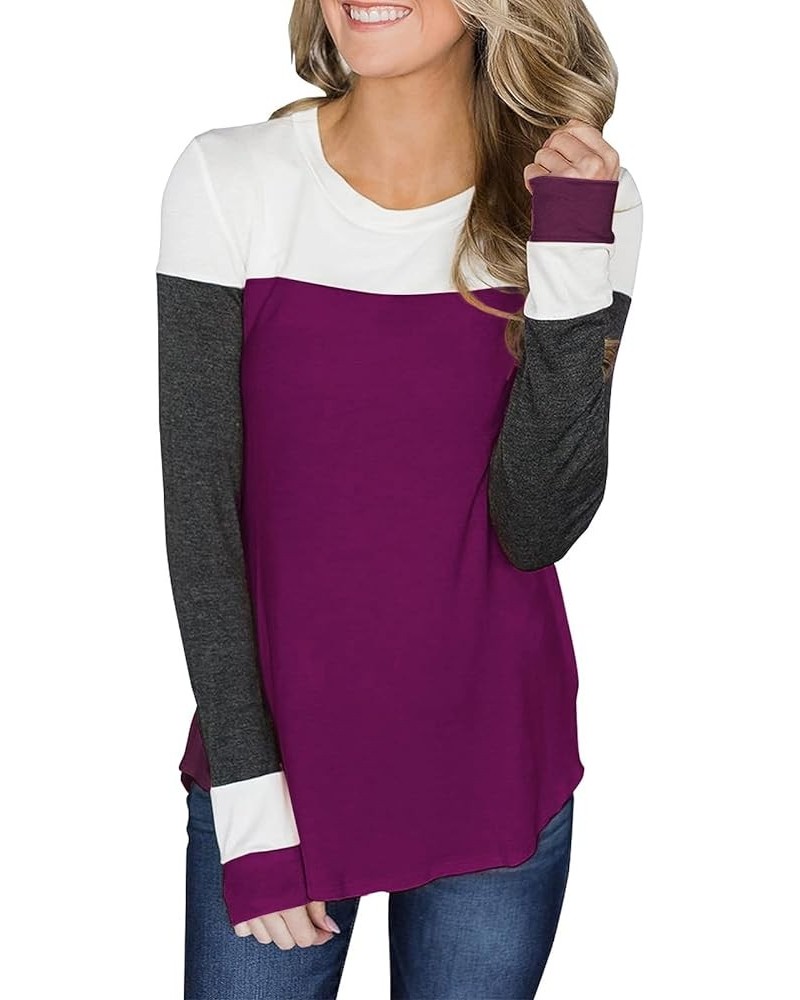 Women's Long Sleeve Color Block Tops Casual Loose Crewneck Pullover Tunic Shirts Blouses B-wine Red $9.78 Tops