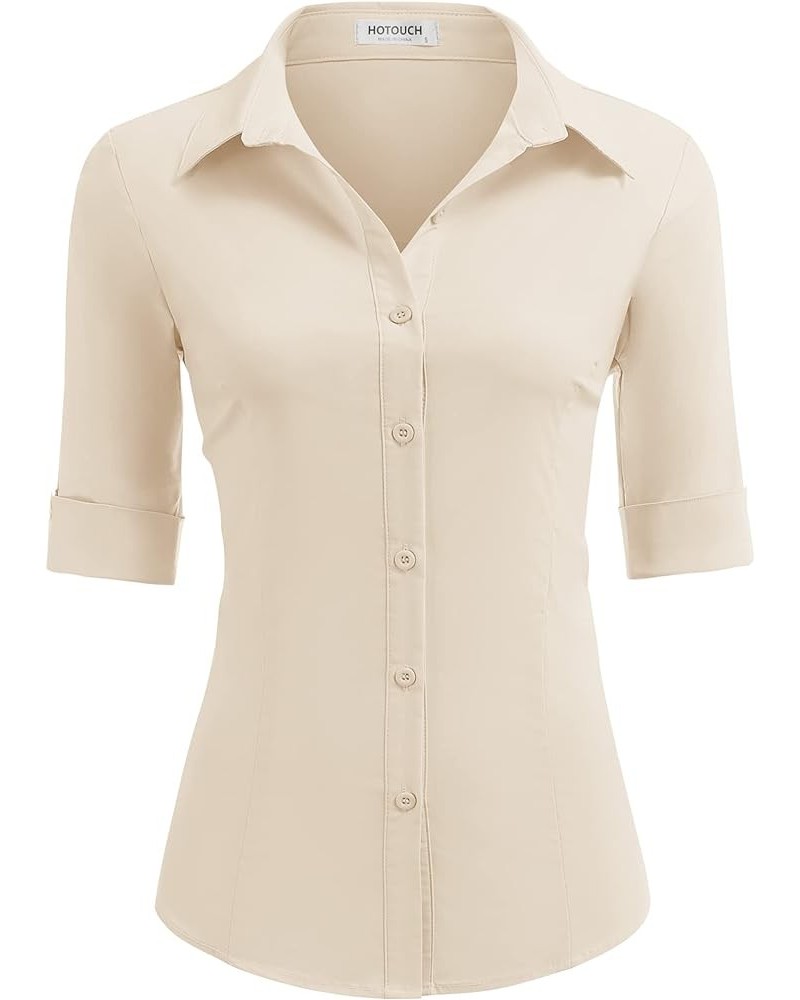 Women's Basic Button Down Shirts 3/4 Sleeve Stretch Button Up Dress Shirt Slim Fit Waitress Work Shirts Khaki $10.24 Blouses