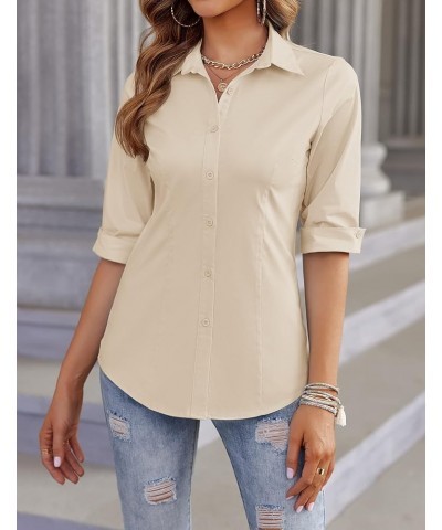 Women's Basic Button Down Shirts 3/4 Sleeve Stretch Button Up Dress Shirt Slim Fit Waitress Work Shirts Khaki $10.24 Blouses