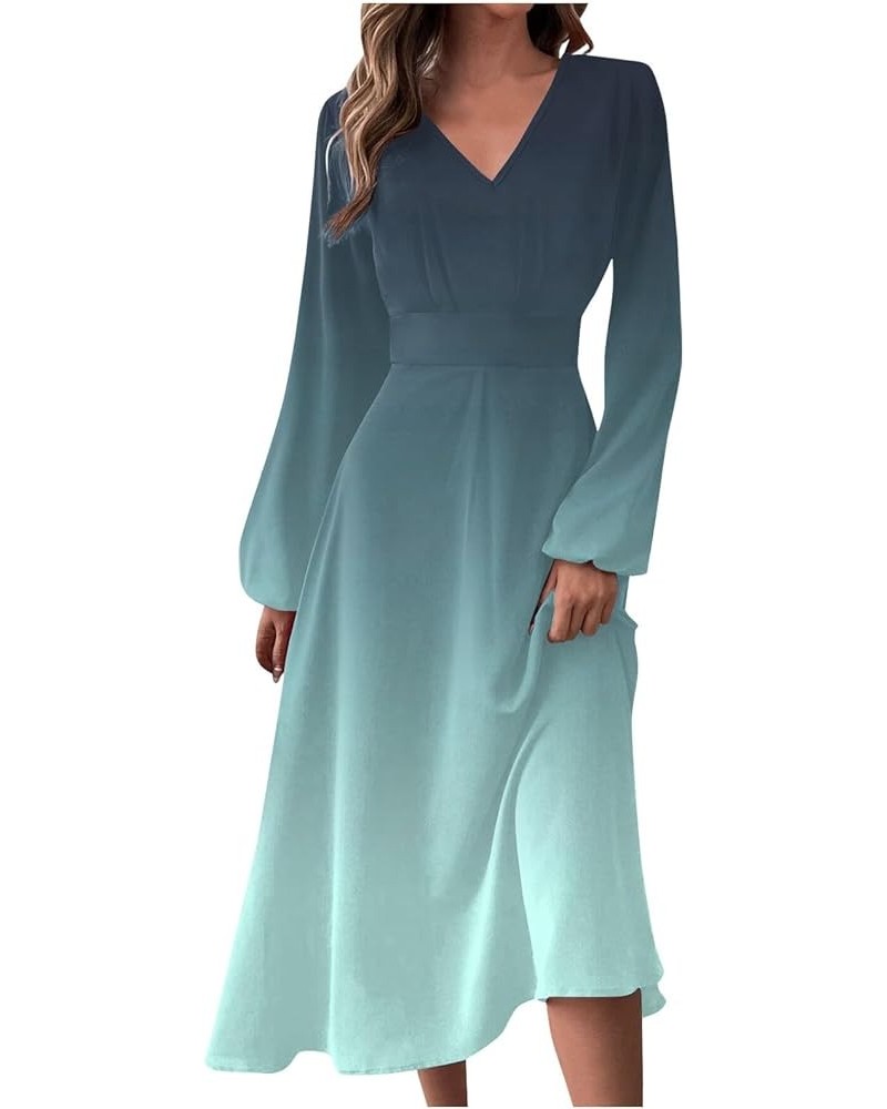 Women Dresses Women's Autumn and Winter Casual Fashion V-Neck Long Sleeve Gradient Print Long Dress 1-cyan $13.20 Activewear