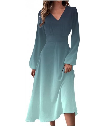 Women Dresses Women's Autumn and Winter Casual Fashion V-Neck Long Sleeve Gradient Print Long Dress 1-cyan $13.20 Activewear