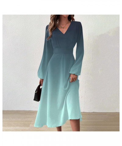 Women Dresses Women's Autumn and Winter Casual Fashion V-Neck Long Sleeve Gradient Print Long Dress 1-cyan $13.20 Activewear