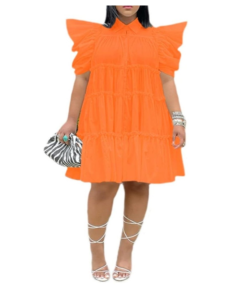 Womens Half Sleeve Lapel Collar Solid Color Button Down Shirt Dress Orange(puff Sleeve) $14.70 Dresses