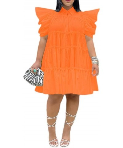 Womens Half Sleeve Lapel Collar Solid Color Button Down Shirt Dress Orange(puff Sleeve) $14.70 Dresses