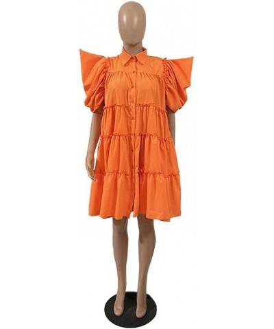 Womens Half Sleeve Lapel Collar Solid Color Button Down Shirt Dress Orange(puff Sleeve) $14.70 Dresses