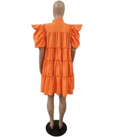 Womens Half Sleeve Lapel Collar Solid Color Button Down Shirt Dress Orange(puff Sleeve) $14.70 Dresses