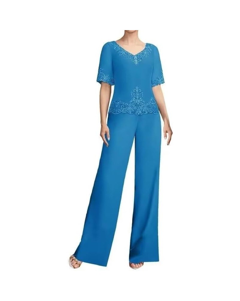 2 Pieces Mother of The Bride Pant Suits Short Sleeve Lace Appliques Chiffon Evening Party Dress for Women Ocean Blue $33.59 S...