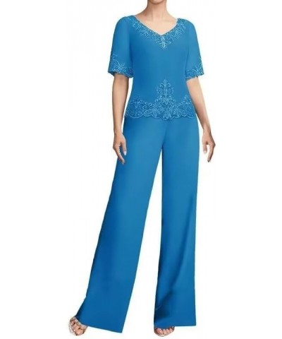 2 Pieces Mother of The Bride Pant Suits Short Sleeve Lace Appliques Chiffon Evening Party Dress for Women Ocean Blue $33.59 S...