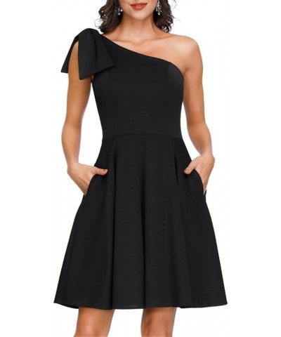 Women's Bow One Shoulder Dress with Pockets A-line Cocktail Party Dress Black $16.80 Dresses