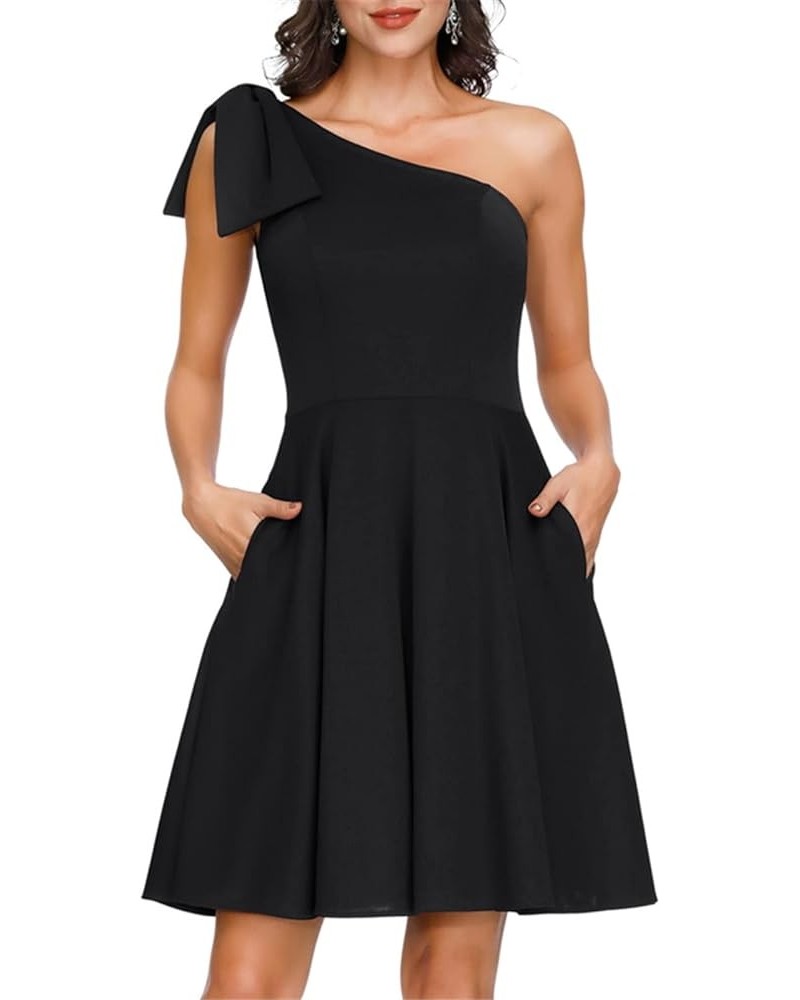 Women's Bow One Shoulder Dress with Pockets A-line Cocktail Party Dress Black $16.80 Dresses