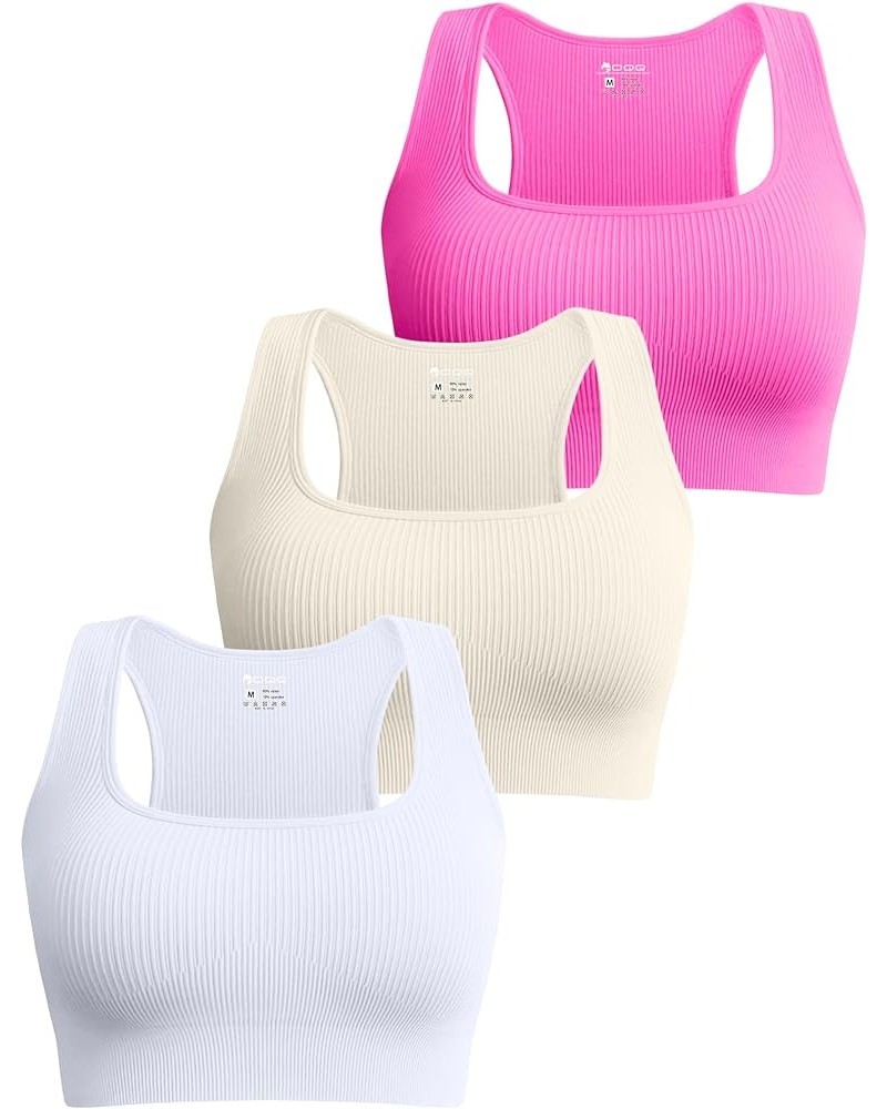 Women's 3 Piece Medium Support Crop Tops Ribbed Seamless Removable Cups Workout Exercise Racerback Sport Bra Rose Beige White...