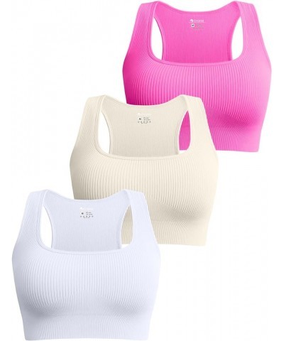 Women's 3 Piece Medium Support Crop Tops Ribbed Seamless Removable Cups Workout Exercise Racerback Sport Bra Rose Beige White...