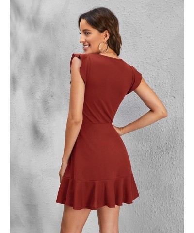 Women's V Back Inslace Layered Ruffle Hem Flutter Sleeve Dress Rust Brown $10.86 Dresses