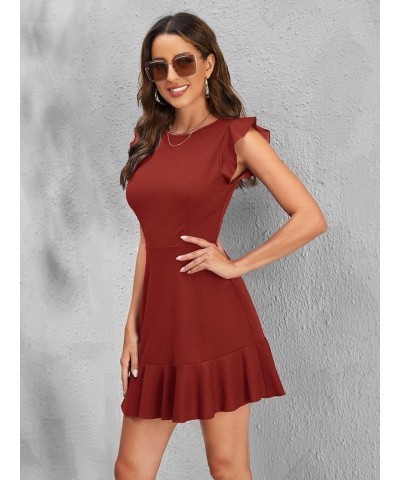 Women's V Back Inslace Layered Ruffle Hem Flutter Sleeve Dress Rust Brown $10.86 Dresses