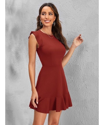 Women's V Back Inslace Layered Ruffle Hem Flutter Sleeve Dress Rust Brown $10.86 Dresses