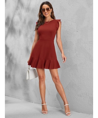 Women's V Back Inslace Layered Ruffle Hem Flutter Sleeve Dress Rust Brown $10.86 Dresses