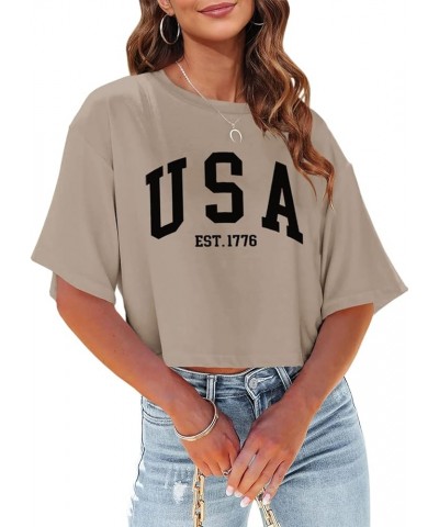 Womens Los Angeles California Letter Print Cropped T Shirt Half Sleeve Crop Tees Round Neck Summer Crop Tops Z01-khaki $10.75...