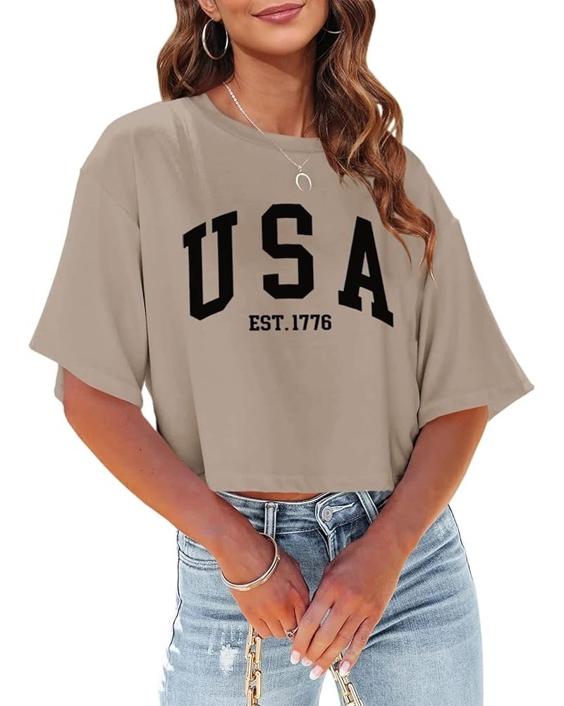 Womens Los Angeles California Letter Print Cropped T Shirt Half Sleeve Crop Tees Round Neck Summer Crop Tops Z01-khaki $10.75...