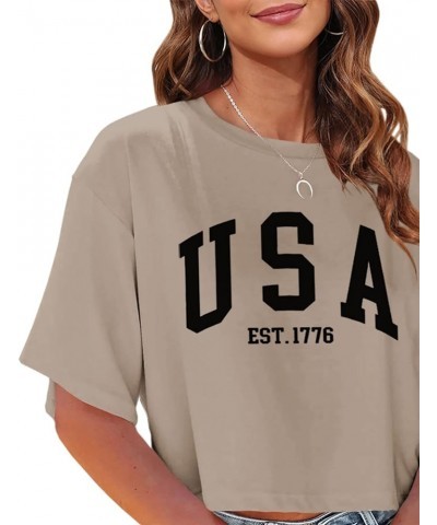 Womens Los Angeles California Letter Print Cropped T Shirt Half Sleeve Crop Tees Round Neck Summer Crop Tops Z01-khaki $10.75...