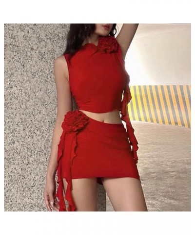 Women Skirt Set Flowers Ruffles Tassel Sleeveless Tank Tops Bodycon Mini Skirt Two Piece Summer Outfits Party Night Red $10.1...