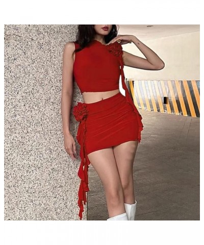 Women Skirt Set Flowers Ruffles Tassel Sleeveless Tank Tops Bodycon Mini Skirt Two Piece Summer Outfits Party Night Red $10.1...