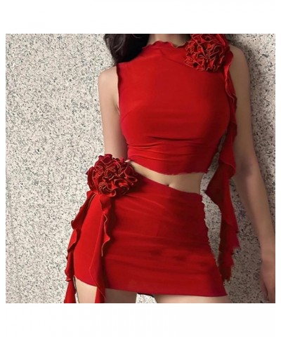 Women Skirt Set Flowers Ruffles Tassel Sleeveless Tank Tops Bodycon Mini Skirt Two Piece Summer Outfits Party Night Red $10.1...