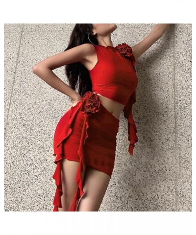 Women Skirt Set Flowers Ruffles Tassel Sleeveless Tank Tops Bodycon Mini Skirt Two Piece Summer Outfits Party Night Red $10.1...