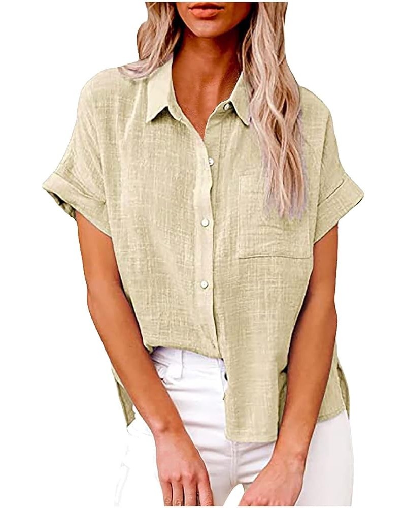 Summer Shirts for Women Plus Size Loose Fit Boyfriend Blouse Solid Basic Tshirt Casual Button Down Short Sleeve Tops Beige $7...