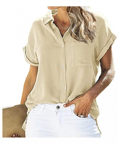 Summer Shirts for Women Plus Size Loose Fit Boyfriend Blouse Solid Basic Tshirt Casual Button Down Short Sleeve Tops Beige $7...