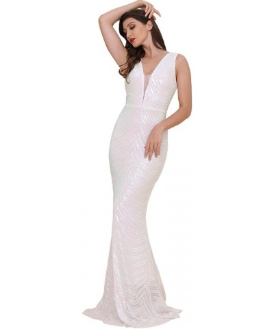 Sequin Symmetrical Stripe Deep V-Neck Slim Fitting Party Fishtail Dress. White $17.84 Dresses