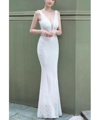 Sequin Symmetrical Stripe Deep V-Neck Slim Fitting Party Fishtail Dress. White $17.84 Dresses