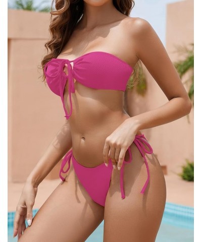 Women Bandeau Bikini Sets Ribbed Strapless Two Piece Swimsuit Tie Side Cheeky Bathing Suits Rosered $15.11 Swimsuits