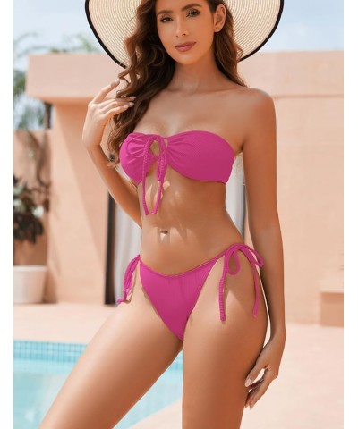 Women Bandeau Bikini Sets Ribbed Strapless Two Piece Swimsuit Tie Side Cheeky Bathing Suits Rosered $15.11 Swimsuits