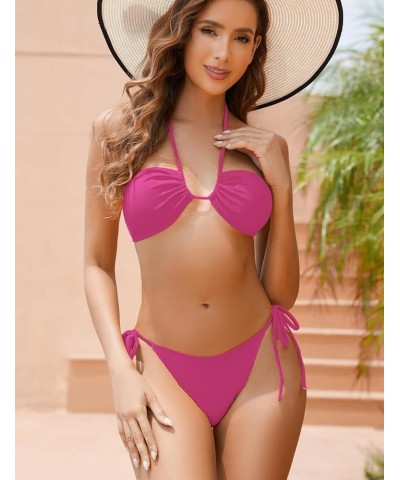 Women Bandeau Bikini Sets Ribbed Strapless Two Piece Swimsuit Tie Side Cheeky Bathing Suits Rosered $15.11 Swimsuits