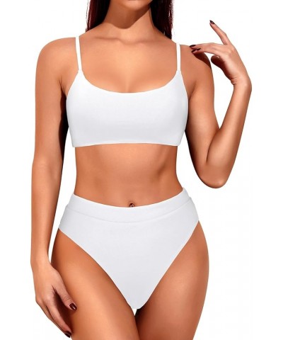 Women High Waisted 2 Piece Bikini Swimsuit with High Cut Bottom Bathing Suits White $12.69 Swimsuits