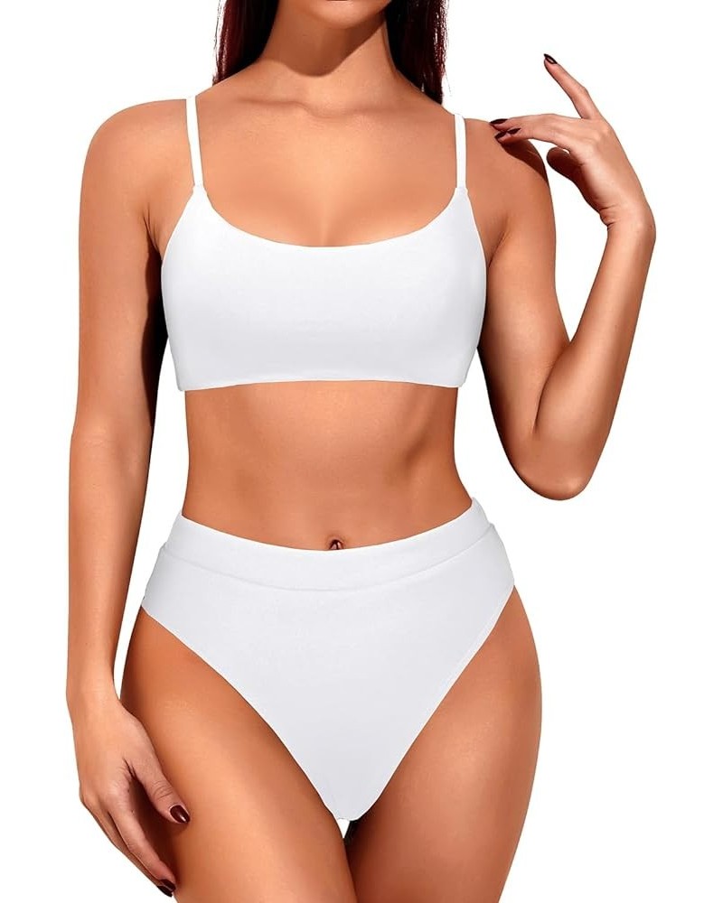 Women High Waisted 2 Piece Bikini Swimsuit with High Cut Bottom Bathing Suits White $12.69 Swimsuits