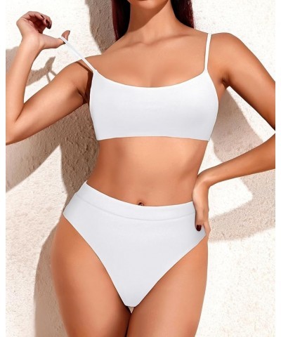 Women High Waisted 2 Piece Bikini Swimsuit with High Cut Bottom Bathing Suits White $12.69 Swimsuits