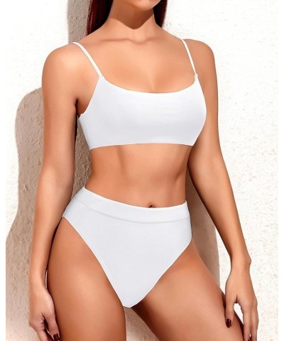 Women High Waisted 2 Piece Bikini Swimsuit with High Cut Bottom Bathing Suits White $12.69 Swimsuits