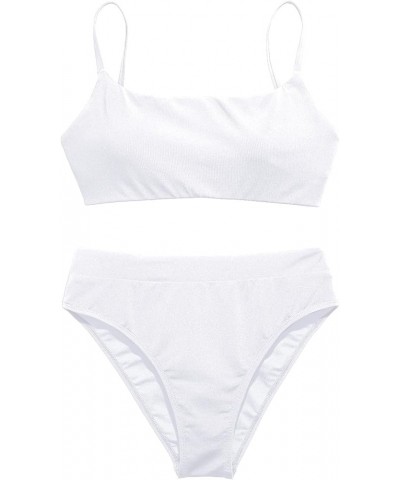 Women High Waisted 2 Piece Bikini Swimsuit with High Cut Bottom Bathing Suits White $12.69 Swimsuits