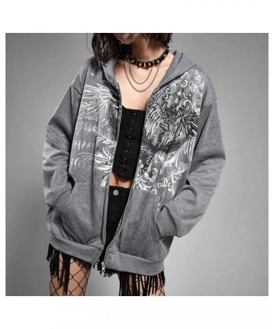 Women Y2K Zip Up Hoodie Vintage Graphic Oversized Hoodies Grunge Aesthetic Sweatshirt Jacket Skeleton Gothic Hoodie B-grey $1...