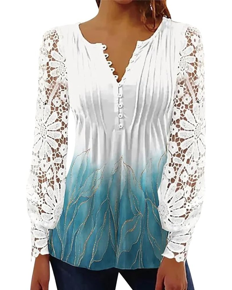 Women's Long Sleeve V Neck Lace Crochet Blouses Dressy Buttons Up Tunic Tops Casual Loose Shirts Blue $10.73 Tops