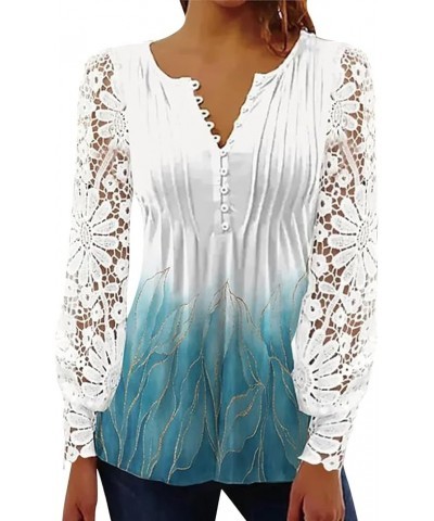 Women's Long Sleeve V Neck Lace Crochet Blouses Dressy Buttons Up Tunic Tops Casual Loose Shirts Blue $10.73 Tops