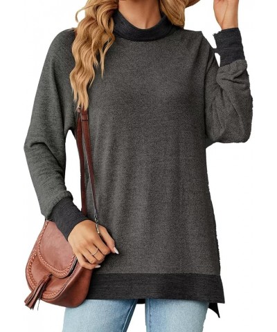 Womens Crewneck Pullovers Color Block Long Sleeve Side Split Tunic Tops Z02_dark Grey $16.78 Tops