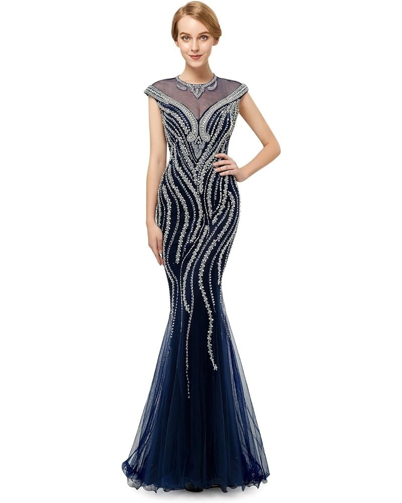 Womne's Navy Blue Crystals Mermaid Evening Dresses Sexy Cap Sleeve Tulle Prom Dresses US 2-16 Navy Blue $88.00 Dresses