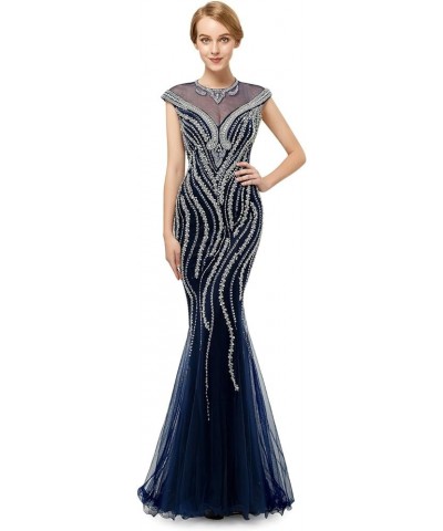 Womne's Navy Blue Crystals Mermaid Evening Dresses Sexy Cap Sleeve Tulle Prom Dresses US 2-16 Navy Blue $88.00 Dresses