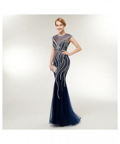 Womne's Navy Blue Crystals Mermaid Evening Dresses Sexy Cap Sleeve Tulle Prom Dresses US 2-16 Navy Blue $88.00 Dresses