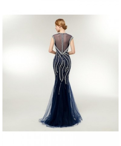 Womne's Navy Blue Crystals Mermaid Evening Dresses Sexy Cap Sleeve Tulle Prom Dresses US 2-16 Navy Blue $88.00 Dresses