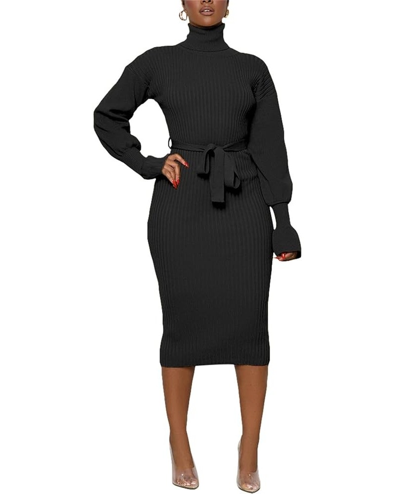 Women's Turtleneck Sweater Dress 2023 Fall Long Sleeve Chunky Cable Knit Pullover Sweaters Dress with Belt Black $21.60 Sweaters