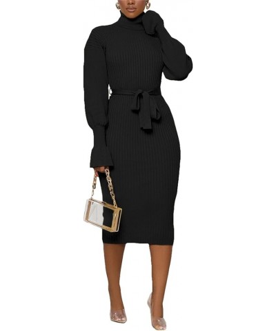 Women's Turtleneck Sweater Dress 2023 Fall Long Sleeve Chunky Cable Knit Pullover Sweaters Dress with Belt Black $21.60 Sweaters